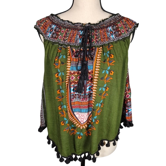 Midnight Sky Juniors Bohemian Style Off The Shoulder Blouse, Green/Multi, Large - Picture 1 of 11